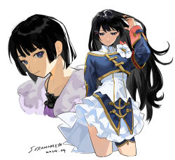 Rule 34 | 1girl, arm behind back, artist name, bangs pinned back, black hair, blue jacket, closed mouth, cropped jacket, cropped legs, dated, flower, hair ornament, hairclip, hand in own hair, hand up, jacket, layered skirt, legs apart, long sleeves, looking at viewer, looking down, multiple views, nijisanji, pleated skirt, purple eyes, shirt, short hair, simple background, skirt, sleeve cuffs, smile, soramame (corndog), tsukino mito, virtual youtuber, white background, white flower, white shirt, white skirt