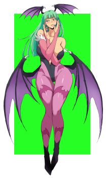 1girl absurdres animal_print bare_shoulders bat_print black_leotard blunt_bangs bridal_gauntlets darkstalkers demon_girl demon_wings full_body green_eyes green_hair highres leotard long_hair morrigan_aensland pantyhose pink_pantyhose purple_nails smile solo strapless strapless_leotard sugi_(goodcat) wings