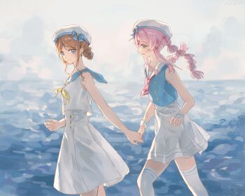 Rule 34 | 2girls, bang dream!, bang dream! it's mygo!!!!!, beret, blue eyes, blue shirt, blue sky, braid, brown hair, chihaya anon, commentary, grey eyes, hat, highres, holding hands, hu pi xuan jiao, long hair, multiple girls, nagasaki soyo, neckerchief, necktie, open mouth, pink hair, red necktie, sailor collar, sailor shirt, shirt, short hair with long locks, skirt, sky, sleeveless, sleeveless shirt, thighhighs, twin braids, white background, white hat, white skirt, white thighhighs, white wrist cuffs, wrist cuffs, yellow neckerchief, zettai ryouiki