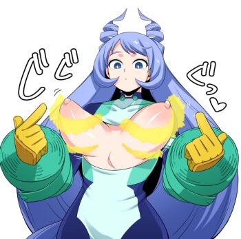 1girl blue_eyes blue_hair bodysuit boku_no_hero_academia breasts breasts_out closed_mouth collar commentary_request covered_collarbone drill_hair eyelashes floating_breasts gloves hado_nejire large_breasts long_hair looking_at_breasts looking_down nipples partial_commentary pointy_breasts sidelocks simple_background solo spiral tesu white_background yellow_gloves