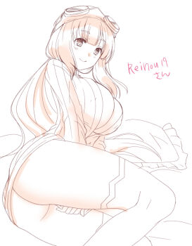 1girl ass borrowed_character breasts brown_theme cleavage closed_mouth commentary_request creator_(ragnarok_online) dress feet_out_of_frame goggles goggles_on_head large_breasts long_hair looking_at_viewer masaya_ichika monochrome ragnarok_masters ragnarok_online simple_background smile solo sweater sweater_dress thighhighs