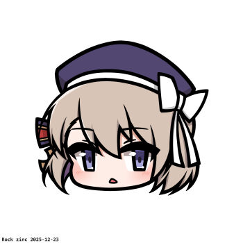 1girl :< artist_name azur_lane beret blush bow brown_hair commentary_request dated hair_between_eyes hat hat_bow head_only highres looking_at_viewer multicolored_hair parted_lips purple_eyes purple_hair purple_hat rock_zinc simple_background solo striped_bow triangle_mouth two-tone_hair white_background z23_(azur_lane)