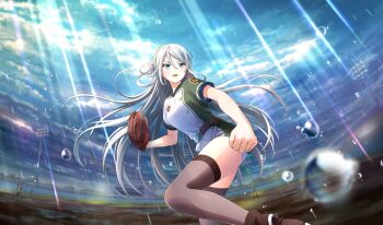 baseball_glove baseball_stadium baseball_uniform belt belt_buckle brown_belt brown_footwear buckle cinderella_series clenched_hand cloud cloudy_sky elena_starffin emblem fisheye flag from_below game_cg green_eyes grey_thighhighs hachigatsu_no_cinderella_nine hairband highres light_rays long_hair multicolored_shirt multiple_girls non-web_source official_art outdoors playing_sports rain score short_sleeves sky solo_focus sportswear sunbeam sunlight thighhighs two-tone_shorts very_long_hair wet_lens white_hair