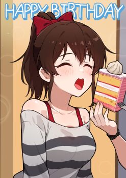 1girl 1other birthday bow bracelet brown_hair cake cake_slice closed_eyes commentary english_text feeding food fork grey_shirt hair_bow happy_birthday highres holding holding_fork idolmaster idolmaster_million_live! jewelry kamille_(vcx68) light_blush long_sleeves medium_hair off-shoulder_shirt off_shoulder open_mouth red_bow satake_minako shirt shirt_straps striped_clothes striped_shirt t-shirt text_background upper_body