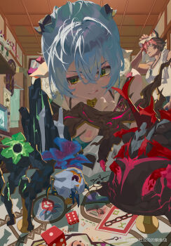 1boy 1girl absurdres animal_ear_fluff animal_ear_piercing animal_ears bare_shoulders black_hair black_horns blue_hair board_game box cardboard_box choker clock closed_mouth clothes_hanger collarbone commentary_request crossed_bangs dice dog_boy dog_ears figure goat_ears goat_girl goat_horns hair_between_eyes highres horizontal_pupils horns jewelry key key_choker komano_manato looking_at_object looking_down lucia_elowen multicolored_hair muscular muscular_male necklace open_mouth pink_nails pointy_ears red_eyes red_hair scar scar_across_eye scar_on_face scroll shadow shelf single_bare_shoulder single_sleeve sweat tank_top tongue tongue_out towel towel_on_one_shoulder tu_pao_diao_yu_shao v-shaped_eyebrows wall_clock white_tank_top yellow_eyes zenless_zone_zero