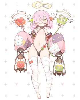 1girl animal_print bandaged_leg bandages bikini black_bikini blood blood_bag blunt_bangs blush bow check_commentary collar commentary_request detached_sleeves female_focus fish_print full_body glasses green_bow green_eyes hair_over_one_eye halo highres intravenous_drip kinakomoti like_and_retweet loli looking_at_viewer medium_hair micro_bikini midriff navel original oversized_clothes patchwork_clothes patterned_background paw_print paw_print_pattern pink_hair red_bow short_hair solo standing swimsuit white_background