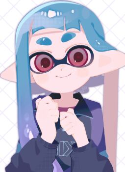 Rule 34 | 1girl, arms up, blue hair, closed mouth, commentary request, dot nose, gradient hair, grid background, highres, inkling, inkling girl, inkling player character, long hair, looking at viewer, multicolored hair, nintendo, purple hair, red eyes, sabata saba, short eyebrows, signature, smile, solo, splatoon (series), splatoon 3, tentacle hair, thick eyebrows, two-tone hair, white background