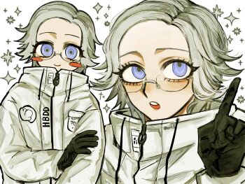 1boy :o aotsuki_eito bababa081 black_gloves blush_stickers breast_pocket commentary drawstring eyelashes glasses gloves grey_hair hand_on_own_arm highres jacket looking_at_viewer male_focus multiple_views pocket pointing pointing_up purple_eyes short_hair smile sparkle teeth the_hundred_line_-last_defense_academy- twitter_username upper_body upper_teeth_only upturned_eyes white_background white_jacket