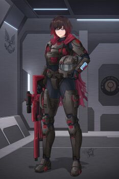 1girl absurdres armor assault_rifle black_hair grey_eyes gun halo_(game) helmet highres holding holding_unworn_helmet multicolored_hair power_suit red_hair rifle ruby_rose rwby science_fiction spartan_(halo) unworn_headwear unworn_helmet weapon