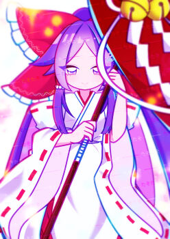 1girl absurdly_long_hair absurdres banner battle_standard bow chihaya_(clothing) flag frilled_bow frilled_hair_tubes frills gensokyo's_first_hakurei_miko gohei hair_bow hair_tubes highres holding holding_banner holding_gohei huge_bow japanese_clothes kimono kosode large_bow long_hair miko purple_eyes purple_hair red_bow ribbon-trimmed_sleeves ribbon_trim solo tasotasoyan00 touhou very_long_hair war_banner war_flag white_kimono