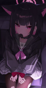 Rule 34 | 1girl, absurdres, animal ears, black choker, black hair, black jacket, black pantyhose, blue archive, blush, bound, bound wrists, candy, cat choker, cat ears, cat girl, chocolate, chocolate heart, choker, closed mouth, colored inner animal ears, colored inner hair, commentary, extra ears, food, food in mouth, green sailor collar, halo, heart, heart-shaped food, highres, jacket, kazusa (blue archive), looking at viewer, multicolored hair, neckerchief, pantyhose, pink hair, pink halo, pink neckerchief, red eyes, sailor collar, short hair, sirong e, sitting, skirt, solo, torn clothes, torn pantyhose, two-tone hair, white skirt