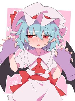 1girl artist_name ascot bat_wings collared_shirt embarrassed flying_sweatdrops frilled_hat frills grey_hat grey_shirt grey_skirt hair_between_eyes hat hat_ribbon highres holding_hands interlocked_fingers mob_cap nervous_sweating pointy_ears pov red_ascot red_eyes red_ribbon remilia_scarlet ribbon shirt signature skirt soesoe300 solo sweat touhou waist_ribbon wings