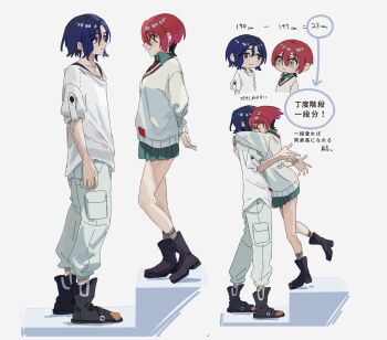 1boy 1girl amate_yuzuriha ankle_boots aqua_eyes aqua_shirt aqua_skirt arms_around_neck arms_behind_back black_shoes blue_hair boots capri_pants collared_shirt commentary_request eye_contact gundam gundam_gquuuuuux height height_difference highres hug long_sleeves looking_at_another multicolored_hair o6nuqm pants pleated_skirt red_eyes red_hair school_uniform shirt shoes short_hair shuji_ito skirt sleeves_rolled_up smile sneakers socks striped_clothes striped_socks sweater translation_request two-tone_hair wavy_hair white_background white_pants white_shirt white_sweater