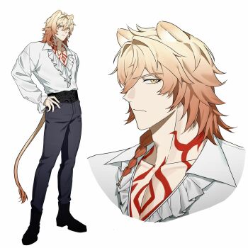 1boy alternate_costume animal_ears black_pants black_shoes blonde_hair braid chest_tattoo commentary facial_tattoo frilled_shirt frills full_body gradient_hair halloween_costume highres honkai:_star_rail honkai_(series) lion_boy lion_ears lion_tail male_focus medium_hair multicolored_hair multiple_views mydei_(honkai:_star_rail) pants red_hair red_tattoo shirt shoes side_braid simple_background tail tattoo white_background white_shirt wish_0812 yellow_eyes