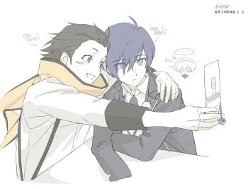 Rule 34 | ..., 1girl, 2boys, ahoge, aigis (persona), antenna hair, black hair, black jacket, black ribbon, blue hair, cellphone, cellphone charm, character charm, charm (object), chibi, chibi inset, closed mouth, commentary request, flip phone, gajamiya, gekkoukan high school uniform, grey eyes, hair between eyes, hand on another's shoulder, highres, holding, holding phone, jacket, korean commentary, korean text, looking at phone, male focus, mochizuki ryouji, multiple boys, open clothes, open jacket, open mouth, persona, persona 3, phone, ribbon, scarf, school uniform, selfie, shirt, sleeve cuffs, smile, spoken ellipsis, suspenders, taking picture, upper body, white shirt, widow's peak, yellow scarf, yuuki makoto (persona 3)