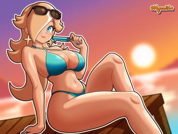 1girl absurdres arm_support bare_arms bare_shoulders bikini blonde_hair blue_bikini blue_eyes blue_nails blurry blurry_background breasts closed_mouth commentary criss-cross_halter earrings english_commentary eyewear_on_head feet_out_of_frame fingernails food from_side hair_over_one_eye halterneck highleg highleg_bikini highres holding holding_food holding_popsicle jewelry large_breasts lazuli_witch long_fingernails long_hair looking_at_viewer mario_(series) melting_popsicle nail_polish navel nintendo one_eye_covered outdoors outline popsicle rosalina sitting smile solo star_(symbol) star_earrings sun sunglasses sunset swimsuit white_outline