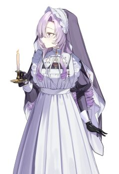 1girl absurdres black_gloves breasts candle drill_hair gloves highres holding holding_candle hyakumantenbara_salome hyakumantenbara_salome_(4th_costume) large_breasts looking_to_the_side maid maid_headdress nijisanji nikuya_mugi purple_eyes purple_hair simple_background solo variant_set veil virtual_youtuber white_background