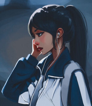 Rule 34 | 1girl, blue background, blue eyes, blue hair, blue jacket, commentary, earphones, english commentary, from side, hand up, highres, jacket, lips, long hair, long sleeves, looking down, nose, original, parted bangs, parted lips, ponytail, profile, solo, titanartx, upper body