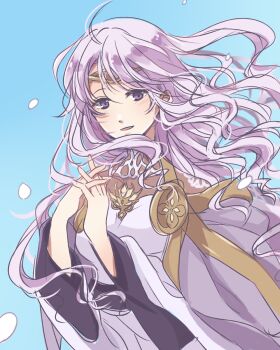 1girl belt blue_background cape circlet curly_hair deirdre_(fire_emblem) dress fire_emblem fire_emblem:_genealogy_of_the_holy_war floating_cape floating_hair gold_trim hair_between_eyes highres light_blush long_sleeves melcabcd nintendo open_mouth own_hands_clasped own_hands_together purple_belt purple_cape purple_eyes purple_hair solo upper_body white_dress wide_sleeves