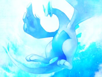 2010 blue_theme commentary_request fuchsia gen_2_pokemon highres legendary_pokemon lugia nintendo open_mouth pokemon pokemon_(creature) simple_background solo tail wings