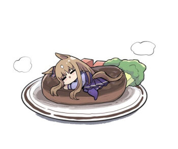 1girl :d animal_ears blush_stickers broccoli brown_hair chibi closed_eyes clothing_cutout food grass_wonder_(umamusume) horse_ears horse_girl horse_tail in_food kawamochi_(kawauti919) long_hair long_sleeves mini_person minigirl multicolored_hair no_shoes open_mouth pleated_skirt puffy_long_sleeves puffy_sleeves purple_shirt purple_skirt purple_thighhighs school_uniform shirt simple_background skirt smile solo steak tail tail_through_clothes thighhighs tracen_school_uniform two-tone_hair umamusume very_long_hair white_background white_hair