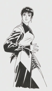 1girl black_hair breasts dress earrings female_focus formal_clothes jewelry large_breasts long_sleeves mori_toshiaki pale_skin shinkiro short_hair skirt standing suit the_king_of_fighters thick_thighs thighs vice_(kof)