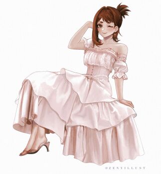 1girl art_study bare_shoulders boku_no_hero_academia breasts brown_eyes brown_hair closed_mouth collarbone detached_sleeves dress earrings full_body hand_in_own_hair highres jewelry long_dress medium_breasts medium_hair off-shoulder_dress off_shoulder one_eye_closed open-toe_shoes pink_dress pink_shoes puffy_short_sleeves puffy_sleeves shoes short_sleeves sitting smile solo thick_eyebrows twitter_username updo uraraka_ochako white_background zeny_(zenyillust)