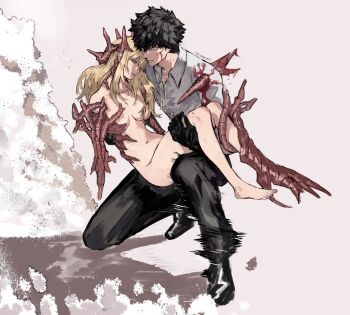 1boy 1girl barefoot black_gloves black_hair bleeding blonde_hair blood blood_on_clothes blood_on_face blue_eyes closed_mouth clothed_male_nude_female convenient_censoring dust dust_cloud gloves hair_censor highres holding impaled injury long_hair motion_lines navel nude on_one_knee organic original parted_lips signature speed_lines toenails yourfreakyneighbourh