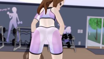 1girl 3d animated animated_gif ass ass_focus ass_shake bike_shorts blush brown_eyes brown_hair cameltoe crop_top dancing female_focus gs-mantis indoors jiggle karakai_jouzu_no_takagi-san loli long_hair looking_at_viewer looking_back panty_straps short_shorts shorts smile solo sports_bra sportswear takagi-san thighs thong weights