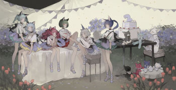 6+girls animal_ear_fluff animal_ears bare_legs black_choker blue_eyes blue_flower blue_hair blunt_bangs bob_cut braid braided_ponytail cake cat_girl chair cherry chino_(valis) choker closed_eyes closed_mouth collared_shirt cup english_text expressionless flower food footwear_request frilled_skirt frills fruit grass green_eyes green_hair green_skirt hat head_rest highres kamitsubaki_studio light_blue_hair looking_at_viewer looking_to_the_side medium_hair multiple_girls myu_(valis) neffy_(valis) nekosuke_(oxo) nina_(valis) orange_flower outdoors party_hat personification ponytail puffy_short_sleeves puffy_sleeves purple_flower purple_hair rara_(valis) red_eyes red_hair red_skirt shirt short_hair short_sleeves sinsekai_record sitting skirt standing stuffed_animal stuffed_cat stuffed_toy table tea_party teacup teapot tulip twintails valis_(sinsekai) vase vitte_(valis) wavy_hair white_hair white_shirt white_skirt yellow_eyes yellow_skirt