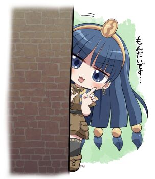 1girl :3 :d black_thighhighs blue_eyes blue_hair blush boots brown_boots brown_shirt brown_shorts chibi chibi_only collared_shirt commentary_request gold_hairband green_background hair_ornament hairband hands_up highres long_hair looking_at_viewer michigami_nareko open_mouth peeking_out rokugou_daisuke shirt short_sleeves shorts signature smile solo sphere_hair_ornament standing thighhighs touhou v-shaped_eyebrows