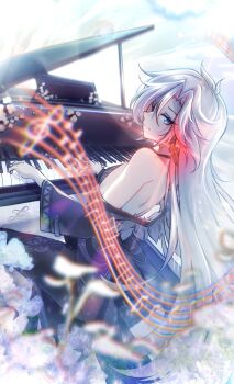 1girl a_(xenoblade) absurdres alternate_costume blue_eyes blurry blurry_foreground closed_mouth commentary core_crystal_(xenoblade) earrings english_commentary eyelashes glowing glowing_earrings highres instrument jewelry long_hair looking_at_viewer looking_back lustercool music piano playing_instrument playing_piano smile solo musical_staff white_hair xenoblade_chronicles_(series) xenoblade_chronicles_3 xenoblade_chronicles_3:_future_redeemed