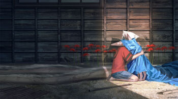 Rule 34 | 1other, ambiguous gender, bandana, commentary request, creature, denim, denim shorts, flower, hug, monokubo, original, outdoors, red flower, red shirt, seiza, shade, shadow, shirt, short sleeves, shorts, sitting, speech bubble, spider lily, very long tail, white bandana