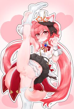 1girl absurdres animal_ear_fluff animal_ears armpits astral_party bare_shoulders black_skirt blush braid breasts bright_pupils censored cleft_of_venus closed_mouth clothes_lift commentary_request detached_collar flashing flexible frilled_socks frilled_thighhighs frilled_wrist_cuffs frills furuki_yoki_bon_odori garter_belt garter_straps gem gluteal_fold hair_between_eyes hat highres holding_own_leg idol_clothes kneepits leg_lift leg_up lolita_fashion long_hair looking_at_viewer mini_hat mini_top_hat mosaic_censoring navel no_panties outline pink_background pink_eyes pink_hair pink_tail pleated_skirt purple_gem pussy shirt single_braid single_thighhigh skirt skirt_lift small_breasts smile socks solo split spread_legs standing standing_on_one_leg standing_split strapless strapless_shirt tail teru_(astral_party) thighhighs top_hat variant_set very_long_hair white_outline wide_spread_legs wrist_cuffs