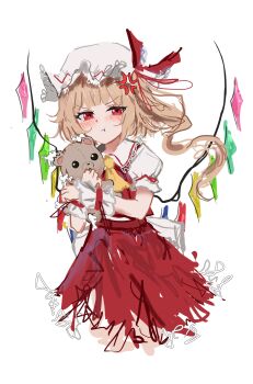 Rule 34 | 1girl, :t, absurdres, anger vein, angry, ascot, blonde hair, blush, closed mouth, commentary, crystal, crystal wings, english commentary, flandre scarlet, hat, highres, holding, holding stuffed toy, looking at viewer, mob cap, multicolored wings, one side up, ougiikun, pout, puffy short sleeves, puffy sleeves, red eyes, red skirt, red vest, shirt, short sleeves, simple background, sketch, skirt, skirt set, solo, stuffed animal, stuffed toy, teddy bear, touhou, vest, white background, white hat, white shirt, wings, yellow ascot