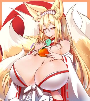 1girl absurdres animal_ear_fluff animal_ears bare_shoulders blonde_hair blush breasts cleavage clothing_cutout collarbone commentary_request detached_collar detached_sleeves fox_ears fox_girl fox_tail hair_between_eyes highres hip_vent hirume_of_heavenly_incense huge_breasts kitsune kyuubi last_origin long_hair looking_at_viewer maid_headdress multiple_tails oppai_mochi orange_eyes parted_lips senrifx slit_pupils solo tail upper_body very_long_hair