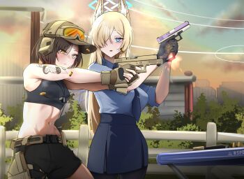 absurdres aiming animal_ear_fluff blue_archive commentary_request female_sensei_(blue_archive) glock gloves goggles goggles_on_head gun halo handgun hat headset highres holding holding_gun holding_weapon holster kanna_(blue_archive) original sensei_(blue_archive) shirokami_da tactical_clothes tactical_gloves tattoo thai_commentary weapon