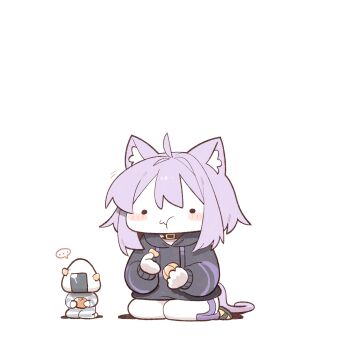 ... ._. 1girl ahoge animal_ear_fluff animal_ears black_eyes black_hoodie blush cat_ears cat_girl cat_tail cocomayo29_(tomato) collar commentary eating food fruit hashtag-only_commentary highres holding holding_food hololive hood hoodie long_sleeves mandarin_orange mascot nekomata_okayu nekomata_okayu_(1st_costume) onigiri onigirya_(nekomata_okayu) prison_clothes puffy_cheeks purple_hair purple_tail seiza short_hair simple_background sitting symbol-only_commentary tail virtual_youtuber white_background