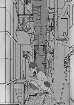 1girl air_conditioner alley blush hands_on_own_knees long_hair long_sleeves looking_at_viewer mary_janes monochrome original panties panty_pull peeing puddle school_uniform shirt shoes skirt socks squatting sweat ugonoakita underwear wet wet_clothes wet_socks