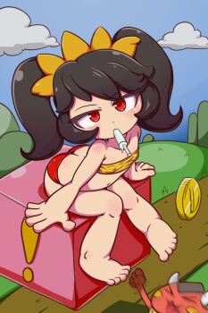 1girl arms_at_sides ashley_(warioware) barefoot bikini black_hair blue_sky butt_crack closed_mouth collarbone covered_erect_nipples day demon dot_nose eating expressionless food from_above from_side full_body ice_cream leaning_forward loli long_hair looking_at_viewer looking_to_the_side looking_up multicolored_bikini navel nintendo orange_bikini outdoors poethewondercat red_(warioware) red_bikini red_eyes sky solo_focus swimsuit twintails two-tone_bikini warioware