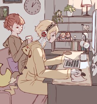 2girls absurdres aigis_(persona) analog_clock android at_computer blonde_hair bookshelf brown_hood cat character_doll clock computer_keyboard controller cosplay couch cup doll eevee eevee_(cosplay) gen_1_pokemon gold_hairband hairband headphones highres holding holding_cup indoors lamp long_sleeves mechanical_hands monitor moon-shaped_pillow mousepad_(object) multiple_girls nintendo on_couch onesie persona persona_3 persona_3_portable picture_frame pikachu pikachu_(cosplay) plant pokemon potted_plant red_hair robot_ears shiomi_kotone short_hair sitting tbjj1208 yellow_hood
