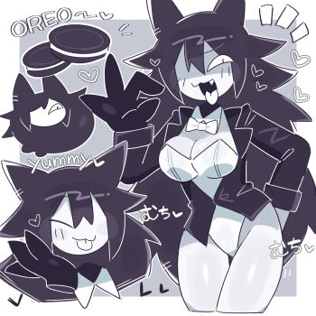 1girl :3 ^_^ arm_behind_back border bow bowtie breasts cleavage closed_eyes closed_mouth commentary_request cookie cropped_legs detached_collar english_text fang fewer_digits floating_head food fundamental_paper_education gloves grey_background hand_up heart highres horns jacket leotard long_hair long_sleeves looking_at_viewer medium_breasts miss_circle_(fundamental_paper_education) mixed-language_text monochrome multiple_views notice_lines ok_sign open_mouth oreo outline outside_border simple_background tongue tongue_out translation_request wan_txt white_border