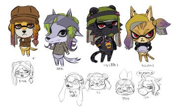 Rule 34 | animal crossing, black eyes, blonde hair, braid, commentary request, eyewear on head, green hair, hat, headband, highres, long hair, long sleeves, mishima (nanimaroom), nanimaroom, nintendo, orange eyes, orange hair, piercing, red eyes, sakuya (nanimaroom), sharp teeth, shirt, sketch, slit pupils, splatoon (series), tail, tank top, teeth, tentacle hair
