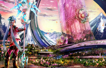 1girl bare_shoulders boots cloud cloudy_sky commentary_request dress elbow_gloves facing_away falling_petals flower from_behind gloves grass hair_rings holding holding_staff huge_weapon innocent_one landscape long_hair mage_staff matoi_(pso2) mountain mountainous_horizon multicolored_sky nature orange_sky outdoors petals phantasy_star phantasy_star_online_2 pink_sky ruins sidelocks sky solo staff standing sushi_(sashimise) thigh_boots thighhighs tree twintails twintails_with_hair_base very_long_hair weapon white_hair wide_shot