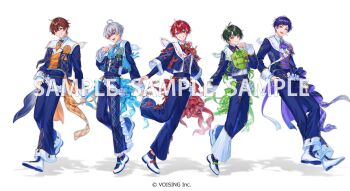 5boys :d absurdres ahoge antenna_hair arm_at_side arms_at_sides ascot award_ribbon bell-bottoms blue_arm_warmers blue_bow blue_bowtie blue_eyes blue_jacket blue_pants blue_sash blue_shirt blue_shoes blue_vest boots bow bowtie brooch brown_hair center-flap_bangs closed_mouth coe._(starlight_polaris) commentary_request copyright_notice cropped_jacket crossed_bangs earrings flower frilled_pants frills full_body green_hair green_ribbon green_sash grin hair_between_eyes hair_flower hair_ornament hand_on_own_chest hand_on_own_hip hand_to_own_mouth highres idol_clothes jacket jewelry kisaragi_you_(starlight_polaris) kottaro_(starlight_polaris) kuni_(starlight_polaris) layered_sleeves long_sleeves looking_at_viewer male_focus mizuna_yushi multicolored_hair multicolored_shoes multiple_boys neck_ribbon neck_tattoo necktie official_art open_clothes open_jacket open_mouth orange_necktie orange_sash pants plaid_clothes plaid_jacket plaid_pants pleated_pants puritan_collar purple_ascot purple_eyes purple_hair purple_sash red_bow red_bowtie red_hair red_ribbon red_sash relu_(starlight_polaris) ribbon sample_watermark sash shadow shirt shoes short_bangs short_hair simple_background sleeve_cuffs sleeve_ribbon smile standing standing_on_one_leg star_brooch starlight_polaris streaked_hair tattoo two-tone_shoes two-tone_vest vest waist_sash watermark white_background white_boots white_shirt white_shoes white_vest