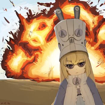 Rule 34 | 1girl, :3, blonde hair, blue jacket, blue sky, closed mouth, commentary, epsilontaueta, explosion, glasses, grey hat, hat, highres, jacket, large hat, long hair, looking at viewer, norma hollowell, outdoors, sky, solo, tinted eyewear, upper body, zenless zone zero