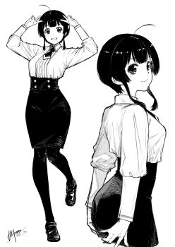 1girl ahoge black_eyes black_hair black_pantyhose black_skirt black_torch_(takaki_tsuyoshi) breasts dress_shirt dress_shoes full_body grabbing_own_ass high-waist_skirt highres looking_at_viewer necktie pantyhose pencil_skirt shirt short_hair signature simple_background skirt smile solo takaki_tsuyoshi text_background usami_hana white_shirt