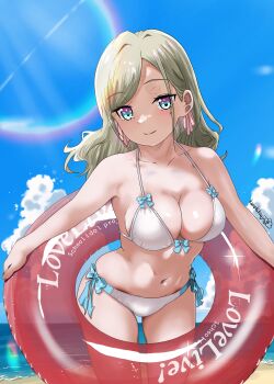 1girl absurdres bikini blue_bow blue_eyes blue_sky bow bow_bikini breasts ceras_yanagida_lilienfeld ceras_yanagida_lilienfeld_(swimsuit) cleavage closed_mouth cloud commentary_request cowboy_shot day front-tie_bikini_top front-tie_top grey_hair hair_intakes halterneck highres kurohitsuji_(akiyamasheep) large_breasts leaning_forward link!_like!_love_live! looking_at_viewer love_live! navel official_alternate_costume outdoors side-tie_bikini_bottom sky smile solo split_mouth stomach string_bikini swimsuit transparent_innertube virtual_youtuber white_bikini