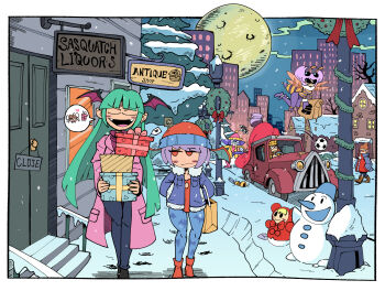 Rule 34 | 1boy, 5girls, 6+girls, angry, animal print, arthropod girl, ascot, b.b. hood, bag, ball, bat print, bat wings, beanie, black sclera, blue coat, blue skin, boots, border, box, bracelet, brown hair, building, capcom, car, christmas, christmas wreath, chun-li, city, cityscape, coat, collarbone, colored sclera, colored skin, darkstalkers, demitri maximoff, demon girl, dripping, driving, english text, fangs, fast food, flying, full moon, gift, gift box, gloves, grease (food), green hair, hat, head wings, highres, holding, hsien-ko, jacket, jewelry, kevin arthur, lilith (darkstalkers), long hair, mei-ling (darkstalkers), moon, morrigan aensland, motor vehicle, multiple girls, night, open mouth, outdoors, pants, pantyhose, pine tree, pink hair, pole, print pantyhose, purple hair, q-bee, red eyes, red footwear, sack, short hair, sky, smile, snow, snowing, snowman, soccer ball, speech bubble, spiked bracelet, spikes, standing, street fighter, toy, tree, turtleneck, vampire, walking, white border, wings, winter, winter clothes, winter coat, wreath