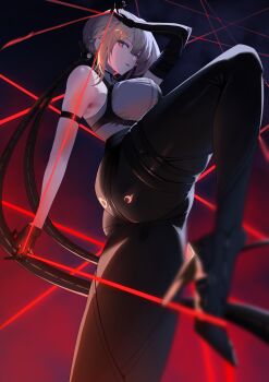 1girl absurdres arm_strap armpit_peek ass asymmetrical_gloves black_background black_gloves black_pants blonde_hair braid braided_bun breasts ear_piercing earrings elbow_gloves evelyn_chevalier gloves hair_bun high-waist_pants high_heels highres jewelry large_breasts latex_pants long_hair looking_at_viewer pants piercing purple_eyes red_background revision shirt sleeveless sleeveless_shirt solo standing string tatsuto_(vhrd8737) tight_clothes tight_pants uneven_gloves white_shirt zenless_zone_zero